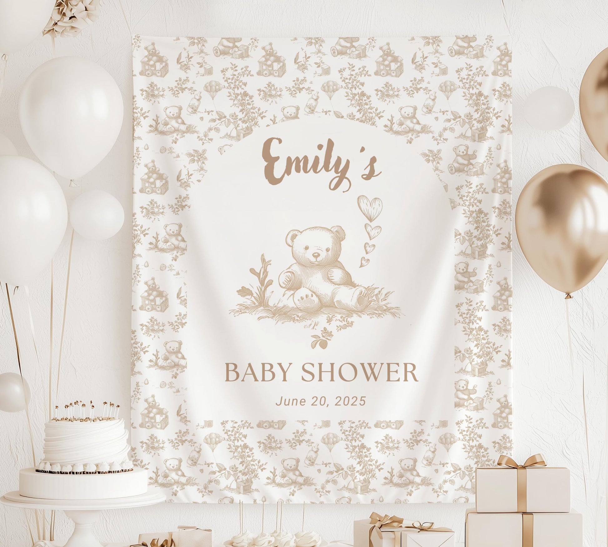 Custom Neutral Teddy Baby Shower Banner Toile Beige Nursery Decor Boho Bear Sign Beige Balloon Bear Shower Brown Bear Backdrop Neutral Sign - LAUMIANstudio