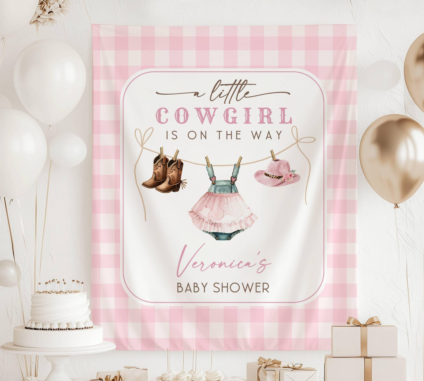 Little Cowgirl Baby Shower Backdrop Pink Cowgirl Baby Shower Banner Little Cowgirl is On The Way Welcome Sign Pink Cowgirl Clothesline Decor - LAUMIANstudio