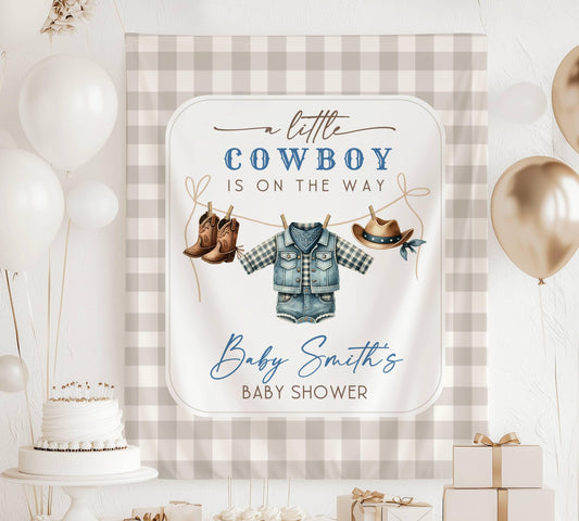 Little Cowboy Baby Shower Backdrop Blue Cowboy Baby Shower Banner Little Cowboy is On The Way Welcome Sign Blue Cowboy Clothesline Decor - LAUMIANstudio