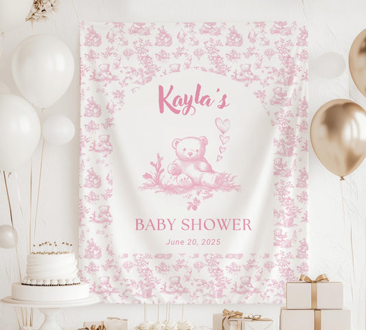 Baby Girl Baby Shower Banner Bear Pink Baby Shower Sign Balloon Bear Shower Decor Pink Girl Toile Backdrop Custom Pink Bear Shower Banner - LAUMIANstudio
