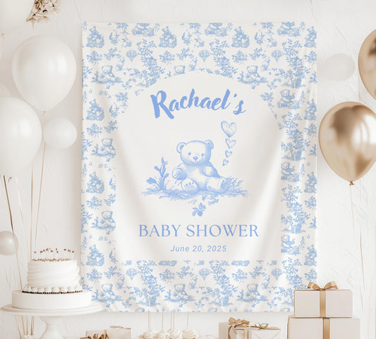 Teddy Bear Baby Shower Banner Balloon Bear Shower Boy Blue Decor Custom Blue Bear Baby Shower Backdrop Bear Blue Toile Tapestry Bear Shower - LAUMIANstudio