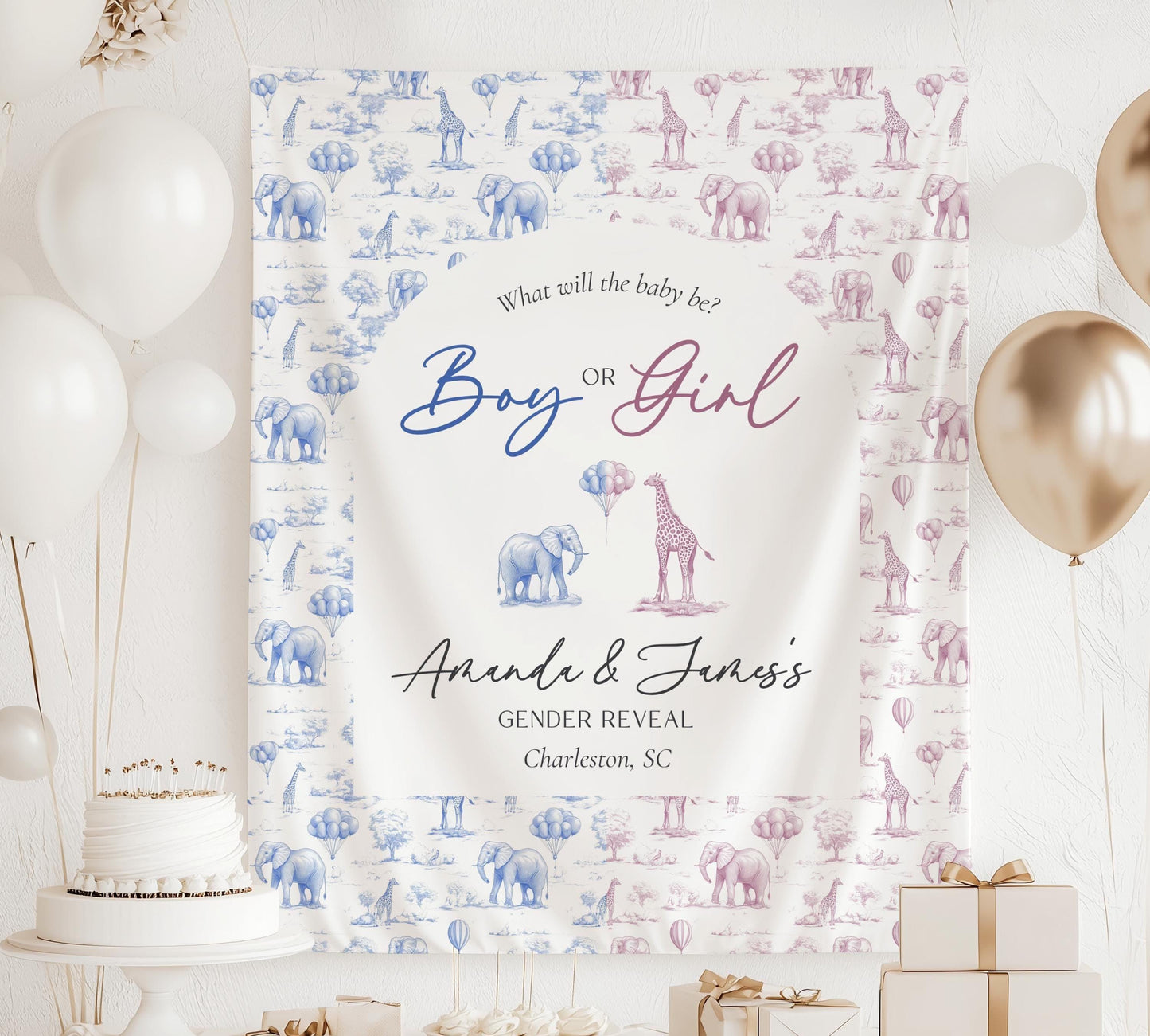 Personalized Gender Reveal Backdrop Boy or Girl Wall Tapestry Blue Pink Baby Shower Decor Custom Toile Gender Reveal Decoration Pink Blue - LAUMIANstudio