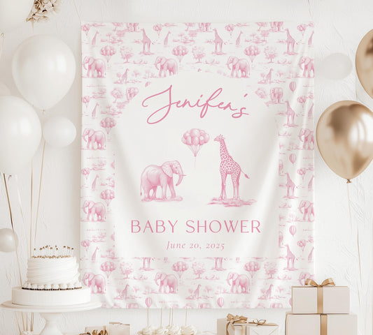 Custom Blush Pink Baby Shower Backdrop Toile Girl Baby Shower Wall Tapestry Chinoiserie Safari Shower Decoration Cute Pink Shower Tapestry - LAUMIANstudio