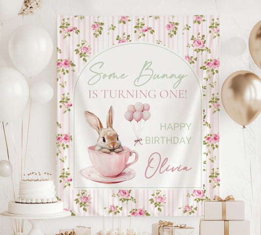Some Bunny is Turning One Backdrop Bunny 1st Birthday Banner Custom 1st Birthday Backrop Bunny is One Birthday Decor Bunny Easter Birthday - LAUMIANstudio