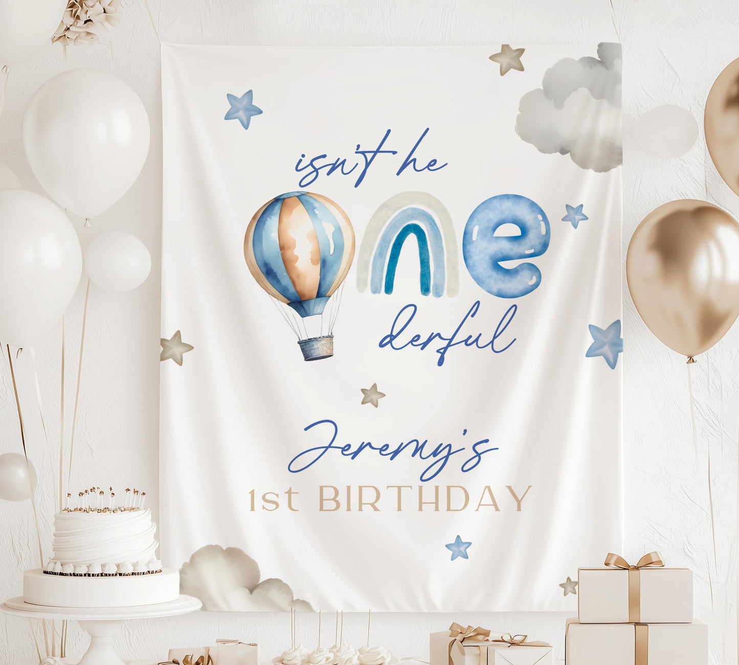 Onederful First Birthday Backdrop Hot Air Balloon Birthday Party Banner 1st Birthday Boy Blue Onederful Decor Custom Rainbow Onederful Sign - LAUMIANstudio
