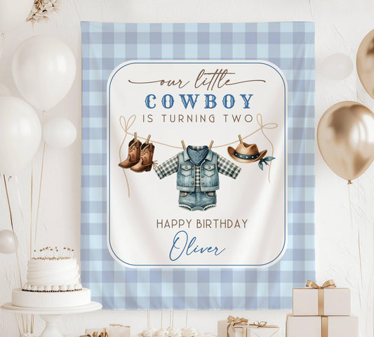 Little Cowboy 2nd Birthday Banner Blue Cowboy Birthday Photo Backdrop First Rodeo Birthday Cowboy Wild West Birthday Cowboy is Turning One - LAUMIANstudio