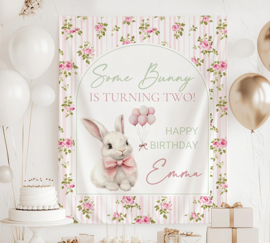 Custom Bunny 2nd Birthday Decor Bunny Easter Birthday Banner Some Bunny is Two Birthday Celebration Decor Spring Birthday Garder Party Sign - LAUMIANstudio