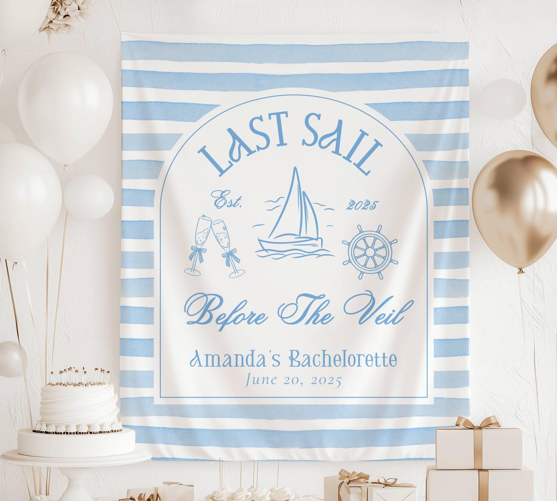 Last Sail Before the Veil Bachelorette Banner Custom Blue Last Sail Bachelorette Party Backdrop Last Sail Bridal Shower Decor Beach Shower - LAUMIANstudio