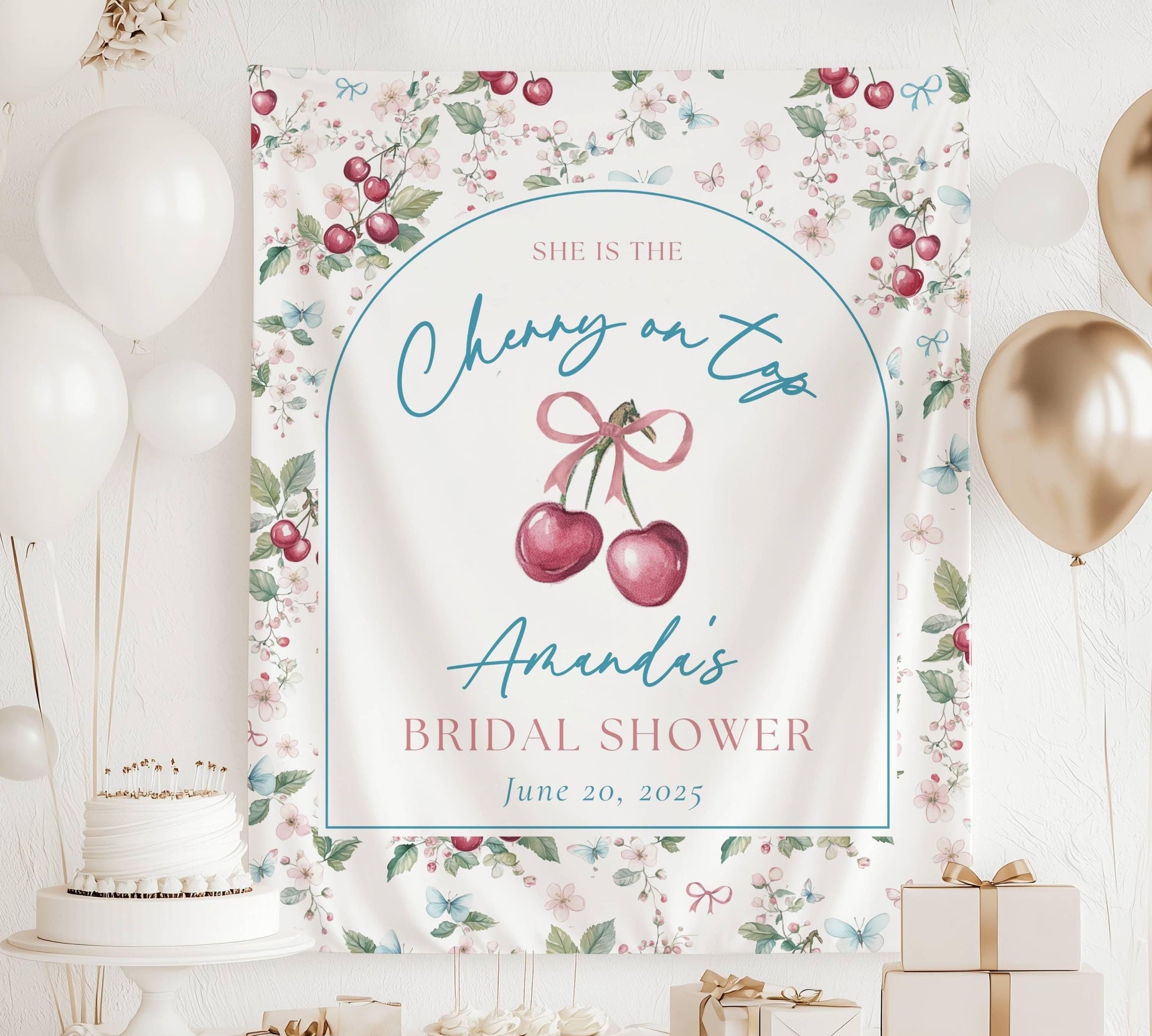 Custom Cherry On Top Bridal Shower Sign Cherry On Top Bachelorette Backdrop Bow Coquette Bridal Shower Banner Summer Bach Party Decor Cherry - LAUMIANstudio