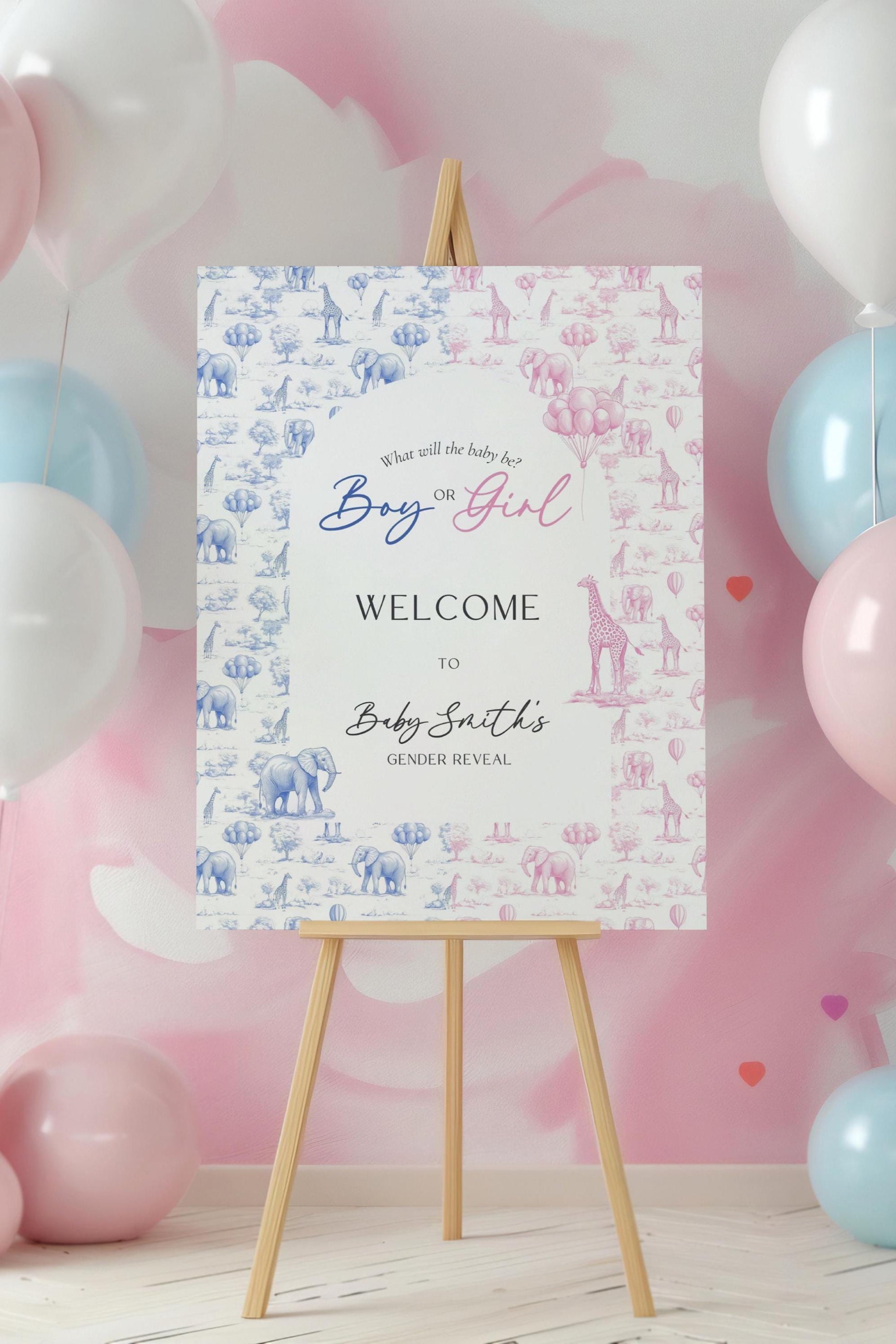 Animal Gender Reveal Welcome Sign Blue and Pink Welcome Poster Template Boy or Girl Sign DIY Elegant Giraffe Welcome Sign Baby Shower Decor - LAUMIANstudio