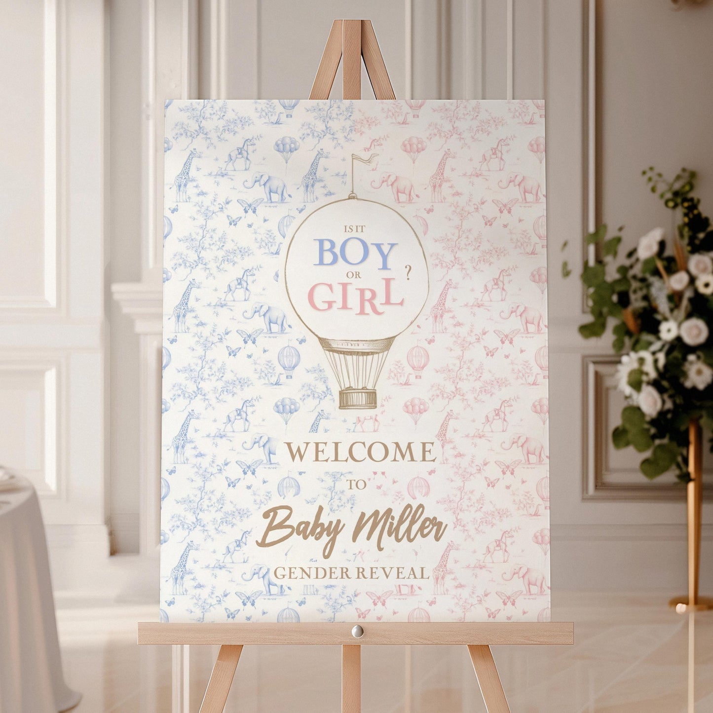 Boy or Girl Sign Custom Blue Pink Gender Reveal DIY Template Pastel Gender Reveal Welcome Sign Editable Baby Shower Board Hot Air Balloon - LAUMIANstudio