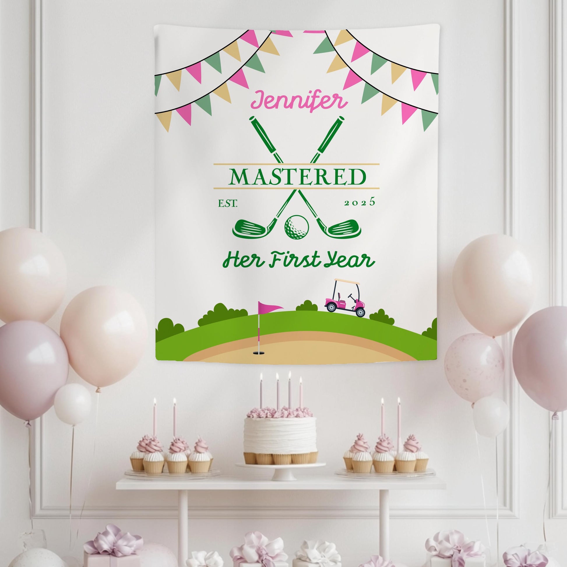 Pink Golf First Birthday Banner Baby Girl 1st Birthday Golf Photo Banner Custom Pink Masters Birthday Backdrop Girl First Birthday Golf Sign - LAUMIANstudio