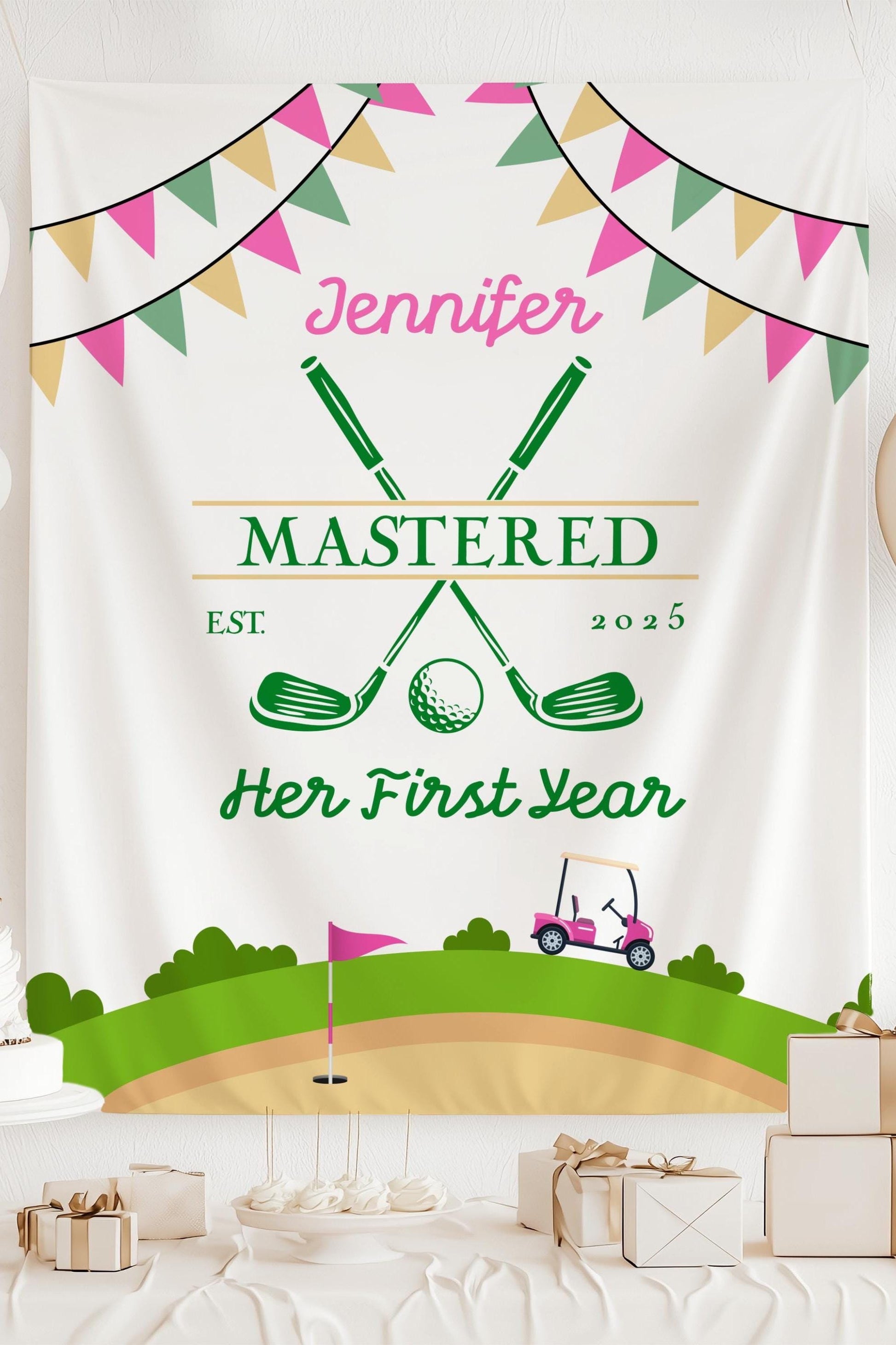 Pink Golf First Birthday Banner Baby Girl 1st Birthday Golf Photo Banner Custom Pink Masters Birthday Backdrop Girl First Birthday Golf Sign - LAUMIANstudio