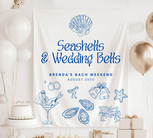 Seashells and Wedding Bells Banner: Personalized Bachelorette Decor, Coastal Bridal Shower - LAUMIANstudio