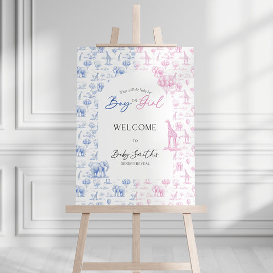 Toile Safari Gender Reveal Sign Boy or Girl Welcome Sign Pink Blue Animal Board Pink Blue Gender Reveal Welcome Sign Giraffe Elephant Sign - LAUMIANstudio