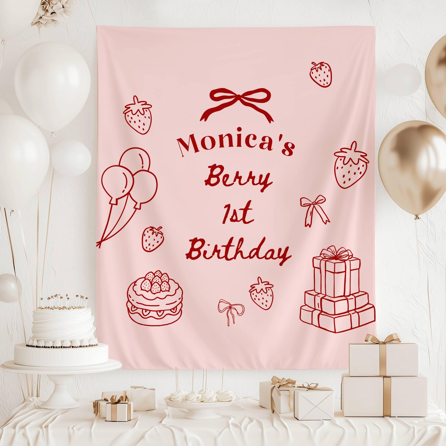 Berry First Birthday Banner: Personalized 1st Birthday Party Decor, Strawberry, Lineart - LAUMIANstudio