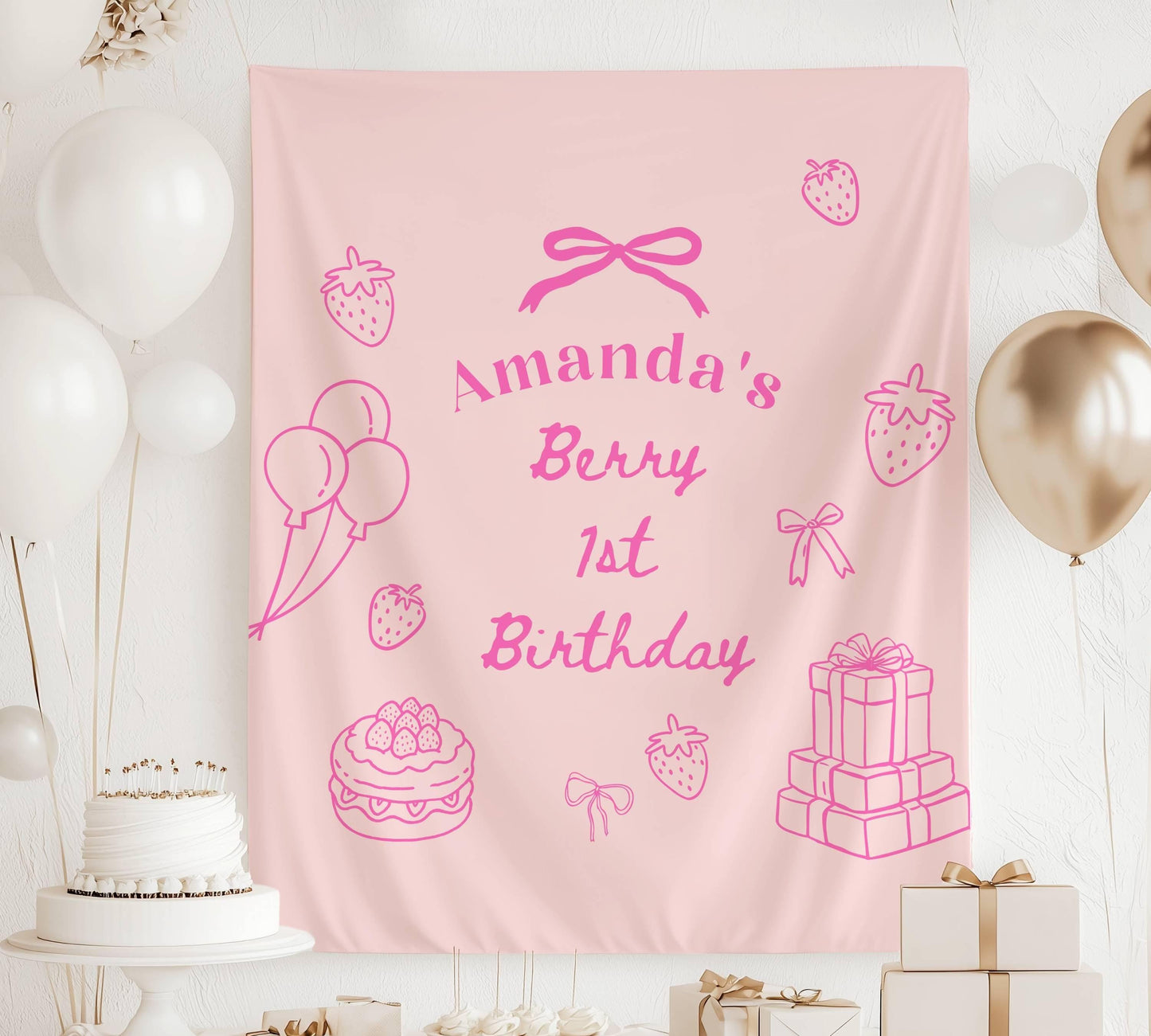 Berry First Birthday Banner: Personalized 1st Birthday Party Decor, Strawberry, Lineart - LAUMIANstudio