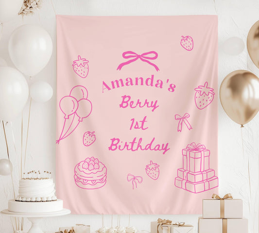 Berry First Birthday Banner: Personalized 1st Birthday Party Decor, Strawberry, Lineart - LAUMIANstudio