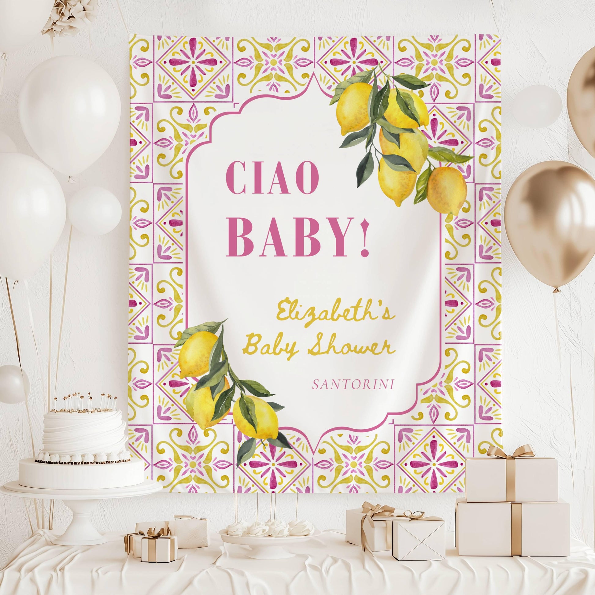 Amalfi Coast Baby Shower Banner Pink Ciao Baby Backdrop Italian Baby Shower Wall Tapestry Baby Shower Italy Lemon Banner Mediterranean Sign - LAUMIANstudio