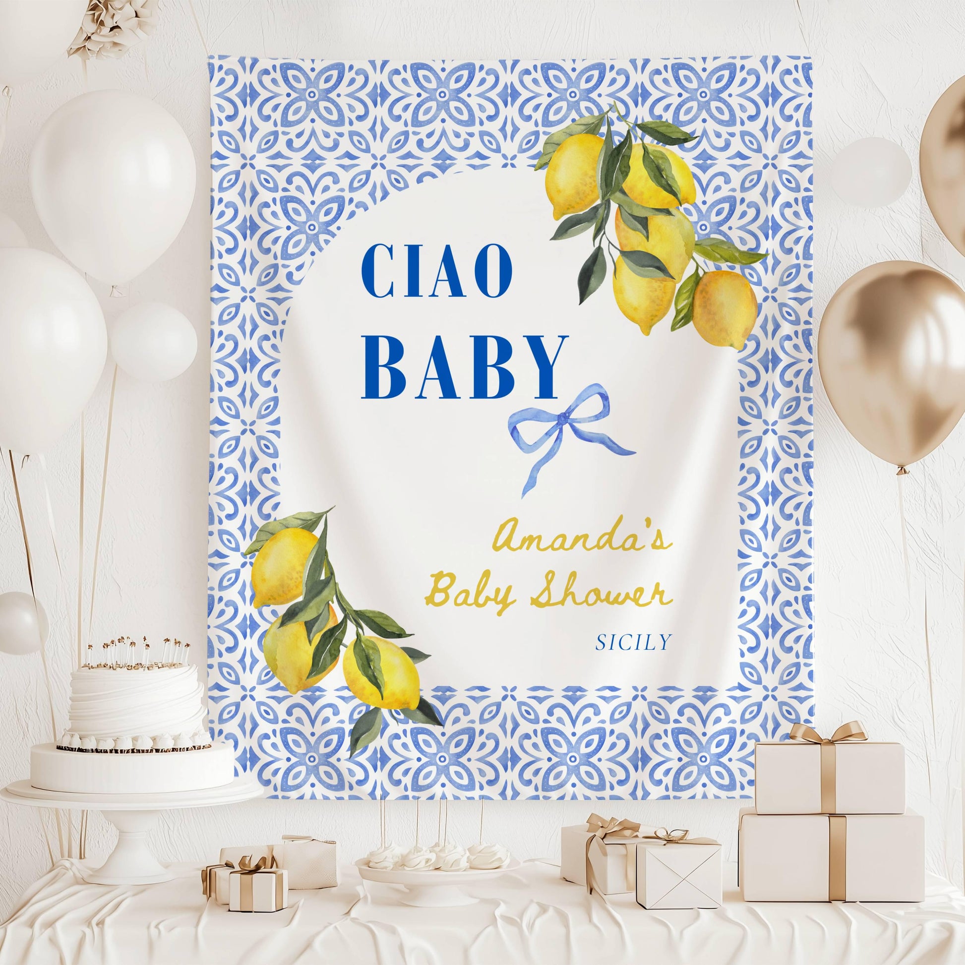 Amalfi Coast Baby Shower Banner Pink Ciao Baby Backdrop Italian Baby Shower Wall Tapestry Baby Shower Italy Lemon Banner Mediterranean Sign - LAUMIANstudio