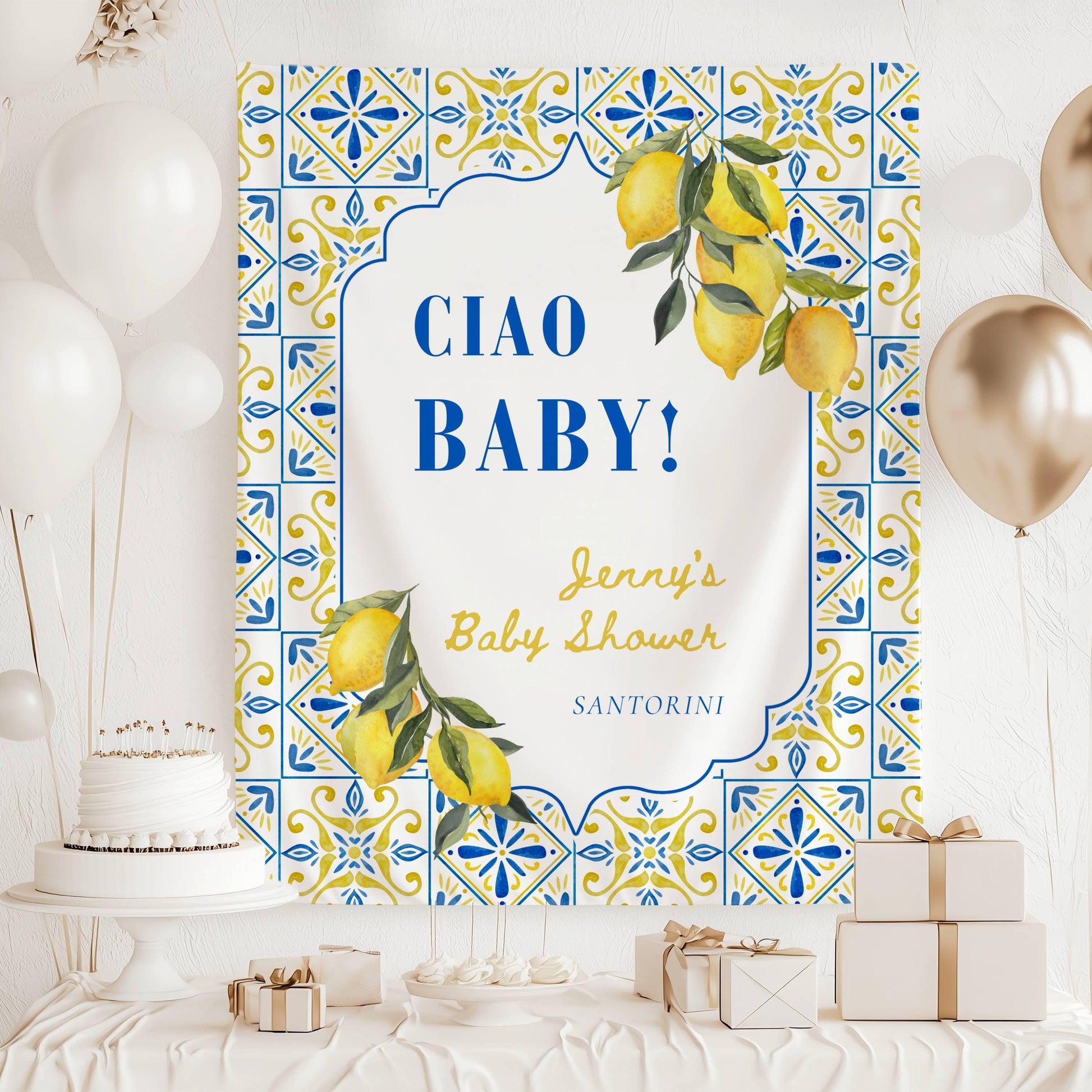 Amalfi Coast Baby Shower Banner Pink Ciao Baby Backdrop Italian Baby Shower Wall Tapestry Baby Shower Italy Lemon Banner Mediterranean Sign - LAUMIANstudio
