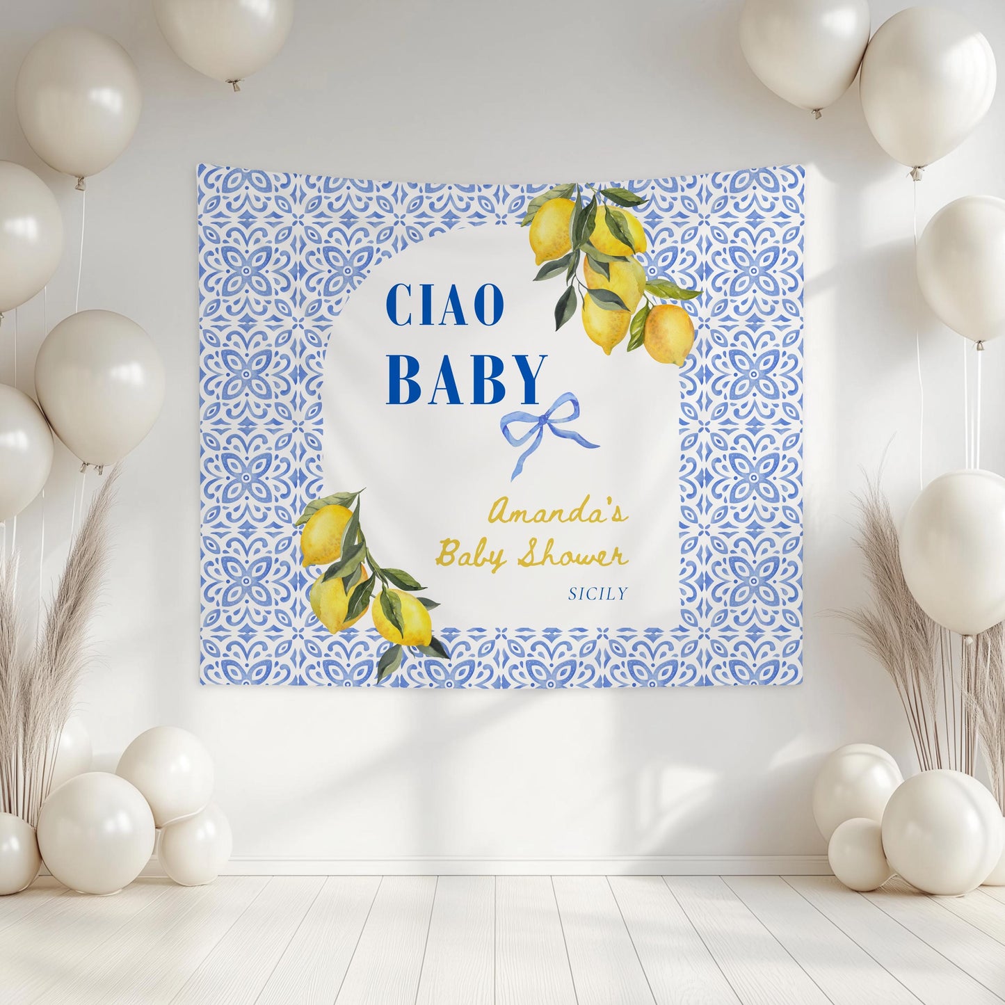 Amalfi Coast Baby Shower Banner Pink Ciao Baby Backdrop Italian Baby Shower Wall Tapestry Baby Shower Italy Lemon Banner Mediterranean Sign - LAUMIANstudio