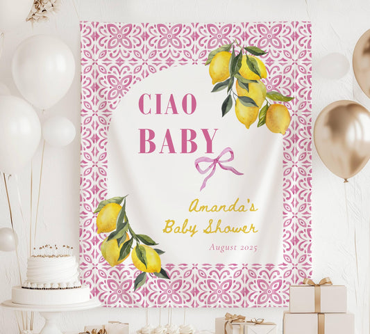 Amalfi Coast Baby Shower Banner Pink Ciao Baby Backdrop Italian Baby Shower Wall Tapestry Baby Shower Italy Lemon Banner Mediterranean Sign - LAUMIANstudio