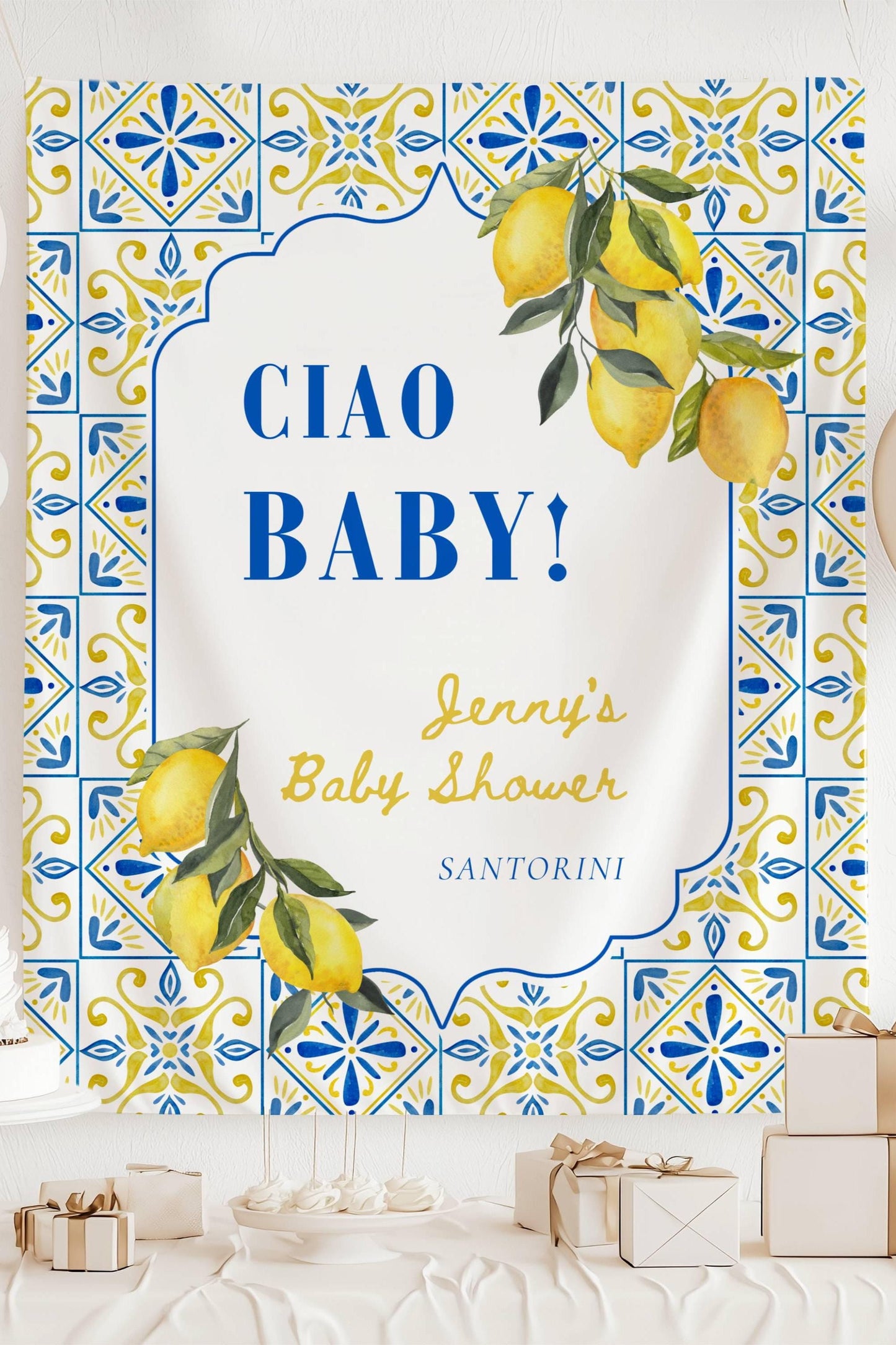 Custom Ciao Baby Banner Citrus Shower Backdrop Lemon Baby Shower Welcome Sign Ciao Baby Backdrop Blue Baby Shower Decor Italian Lemon Sign - LAUMIANstudio