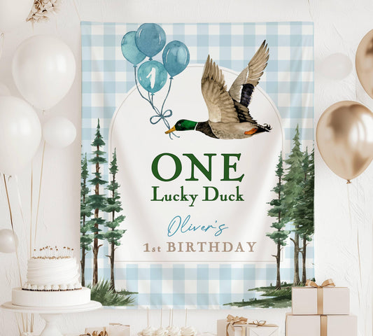Custom 1st Birthday One Lucky Duck Backdrop Mallard Duck Bday One Lucky Duck Decor Custom Welcome Sign Duck 1st Birthday Banner Lucky Duck - LAUMIANstudio