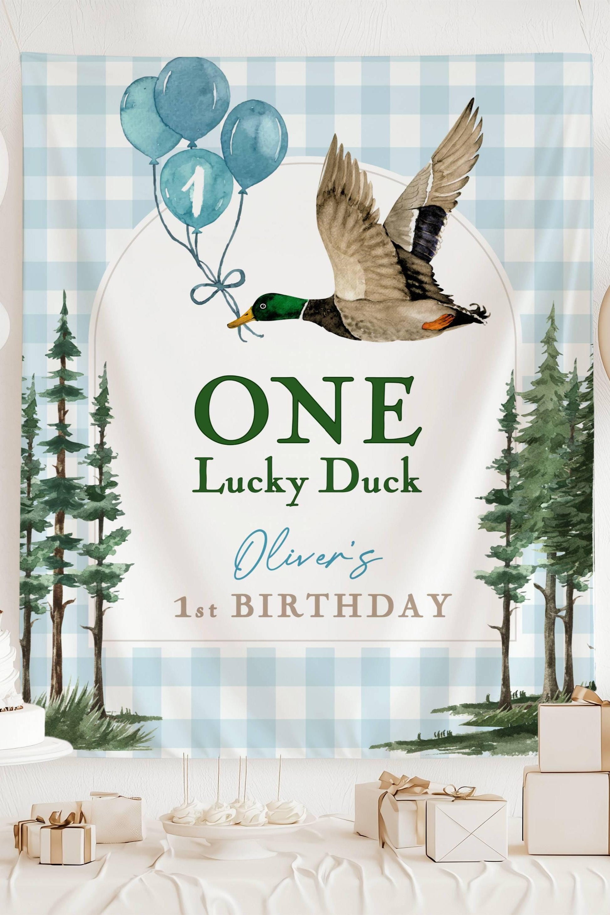 Custom 1st Birthday One Lucky Duck Backdrop Mallard Duck Bday One Lucky Duck Decor Custom Welcome Sign Duck 1st Birthday Banner Lucky Duck - LAUMIANstudio