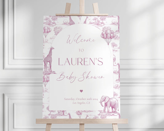 Pink Toile Baby Shower Welcome Sign Chinoiserie Girl Baby Shower Welcome Sign Editable Template Canva Welcome Sign Toile Baby Shower Decor - LAUMIANstudio