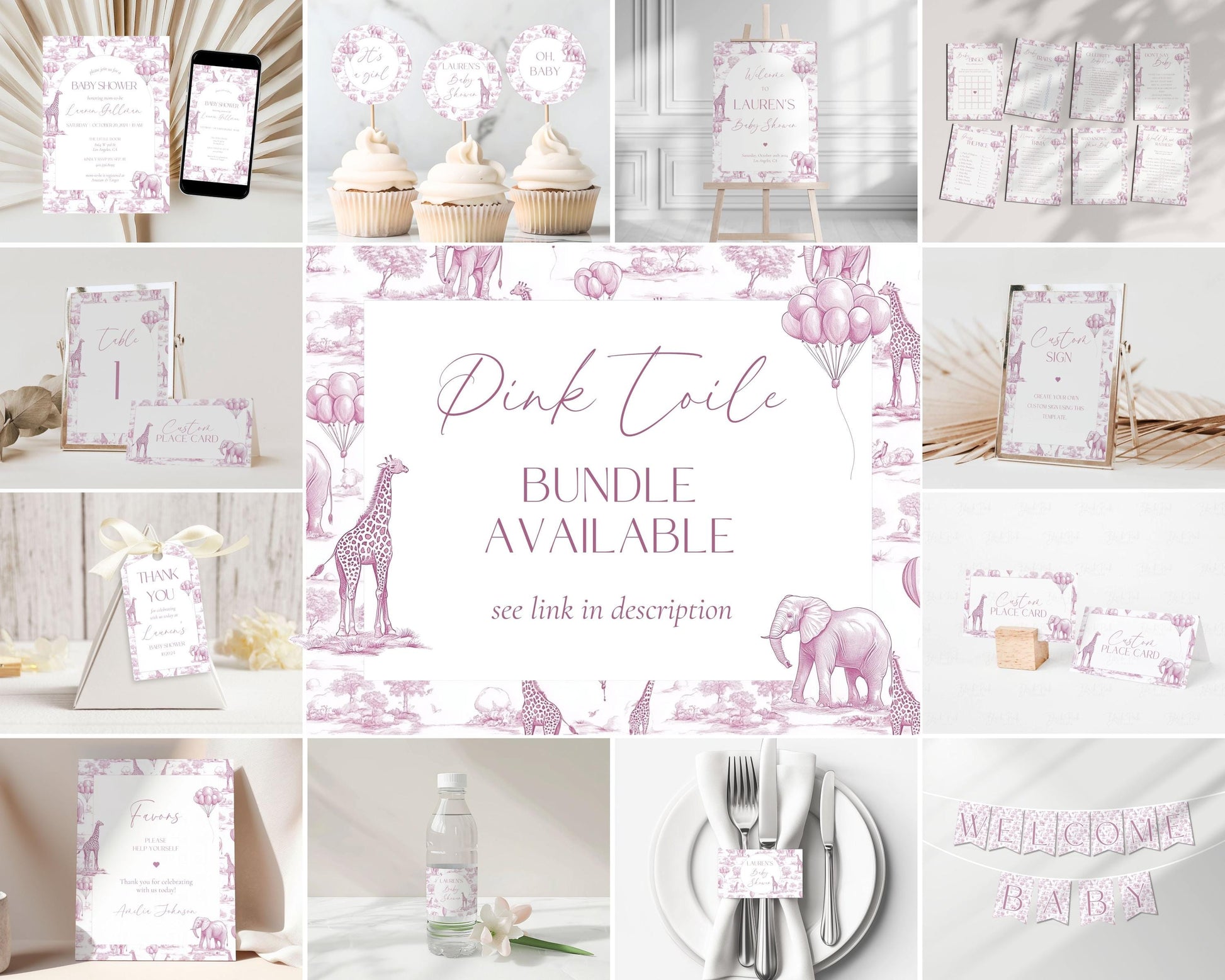 Pink Toile Safari Welcome Sign: 1st Birthday, Editable Canva Template - LAUMIANstudio