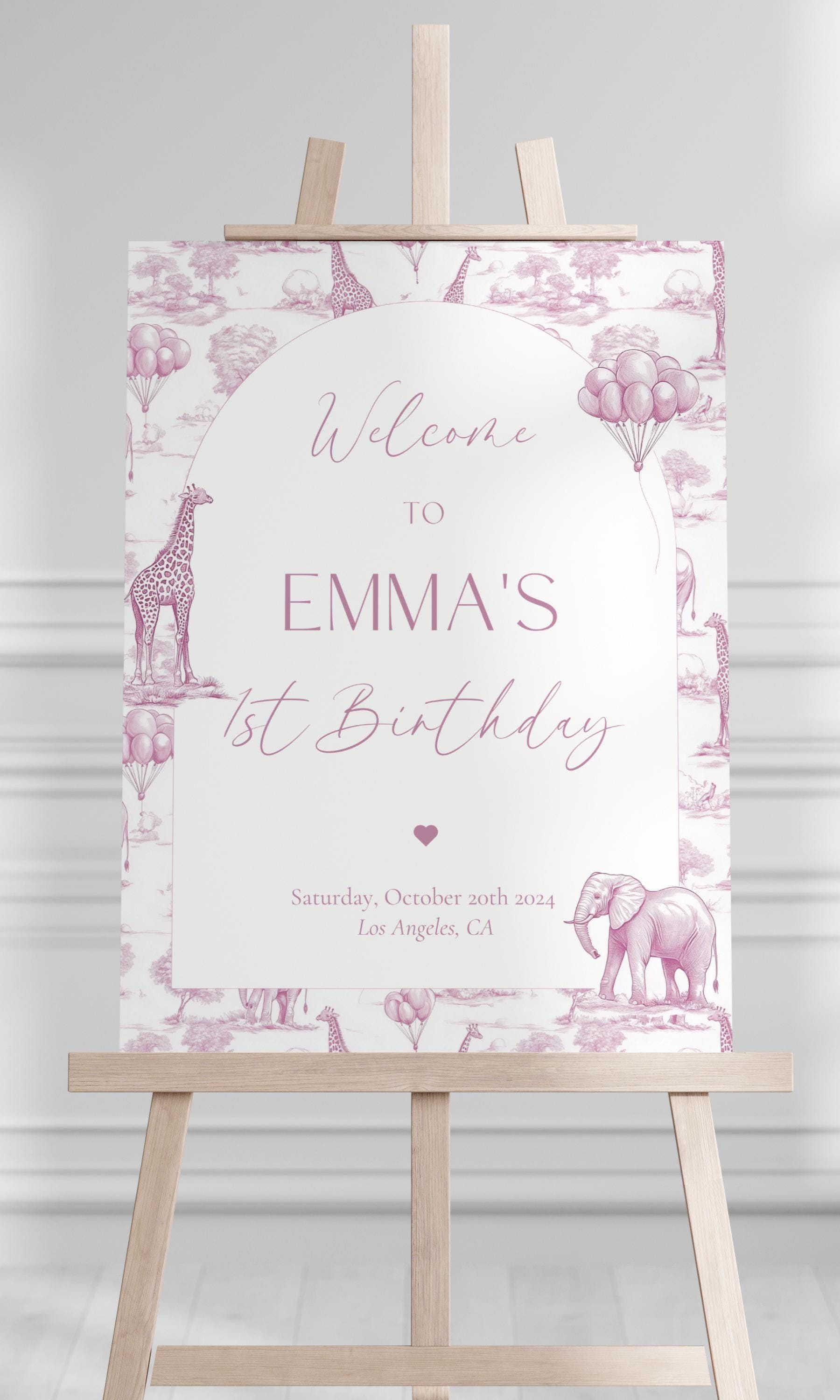 Pink Toile Safari Welcome Sign: 1st Birthday, Editable Canva Template - LAUMIANstudio