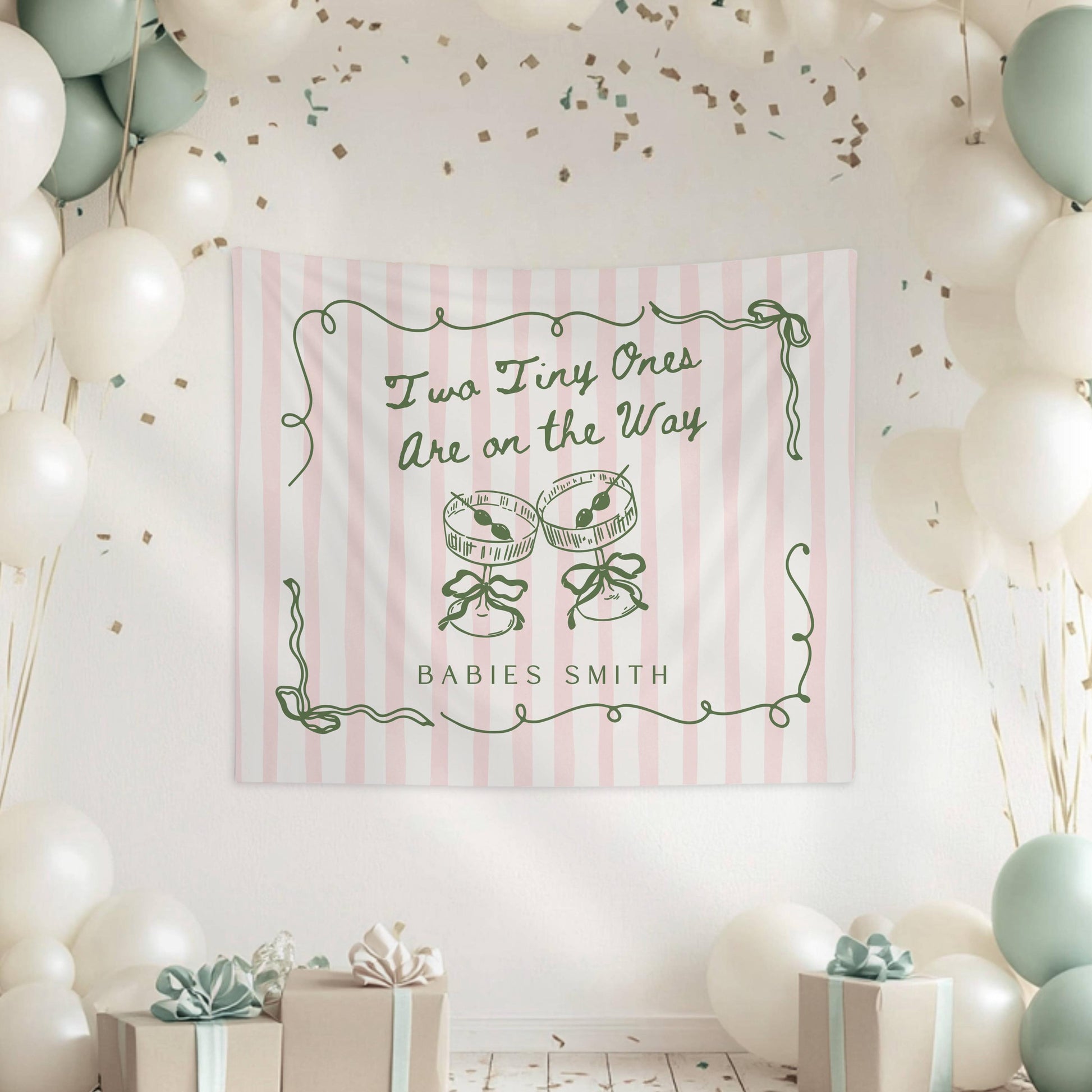 Sage Martini Twin Baby Shower Banner Two Tiny Ones Are On the Way Backdrop Twin Gender Reveal Backdrop Twin Shower Photo Banner Martini - LAUMIANstudio