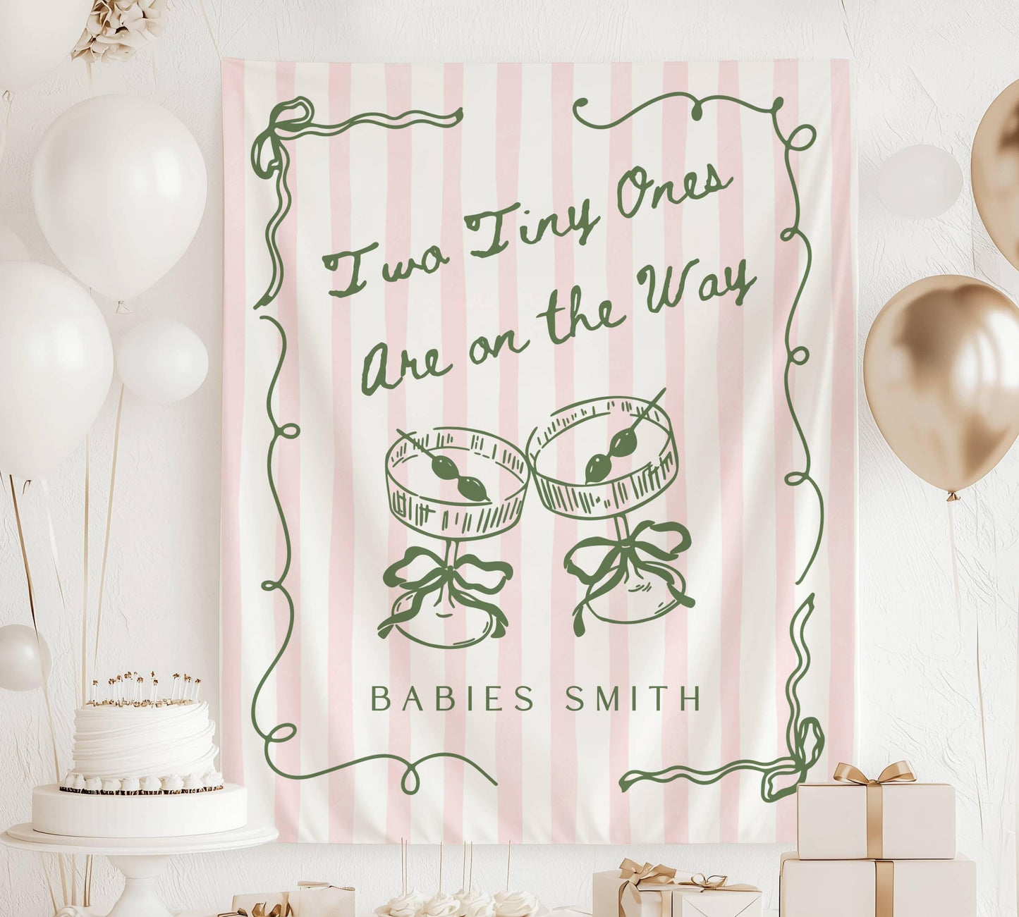Sage Martini Twin Baby Shower Banner Two Tiny Ones Are On the Way Backdrop Twin Gender Reveal Backdrop Twin Shower Photo Banner Martini - LAUMIANstudio
