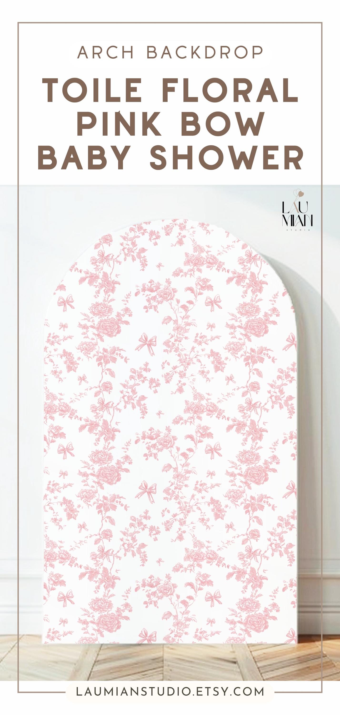 Pink Floral Backdrop Girly Pink Bow Arch Backdrop Pink Toile de Jouy Baby Shower Backdrop Pink Bow Backdrop 1st Birthday Baby Girl Decor - LAUMIANstudio