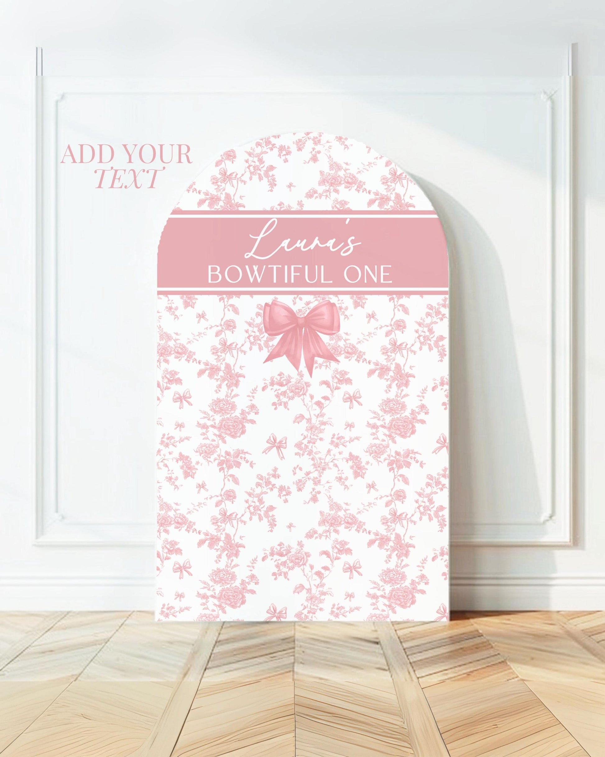 Bowtiful One Birthday Backdrop Toile Pink Bow 1st Birthday Arch Backdrop Baby Girl First Birthday Banner Toile Floral Garden Party Backdrop - LAUMIANstudio