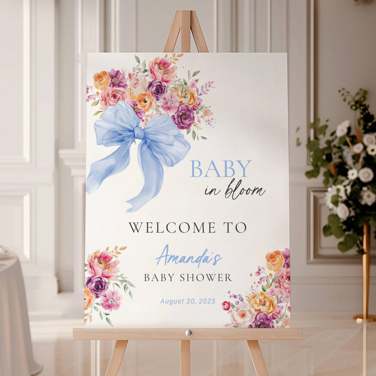 Blue Bow Baby in Bloom Welcome Sign Bow Blue Baby Bloom Sign Baby Boy in Bloom Baby Shower Decor Baby Boy Shower Canva Template DYI Sign - LAUMIANstudio