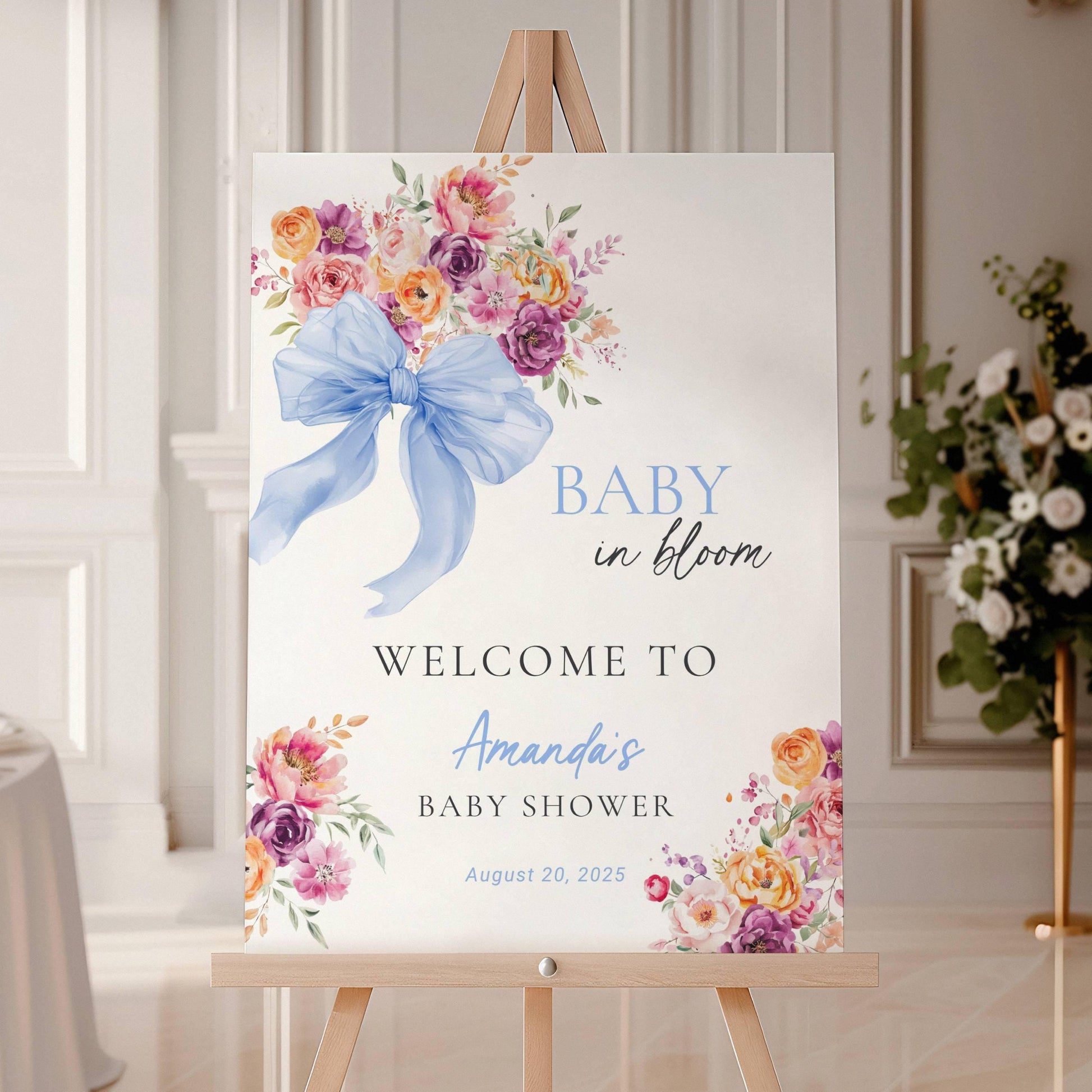 Blue Bow Baby in Bloom Welcome Sign Bow Blue Baby Bloom Sign Baby Boy in Bloom Baby Shower Decor Baby Boy Shower Canva Template DYI Sign - LAUMIANstudio