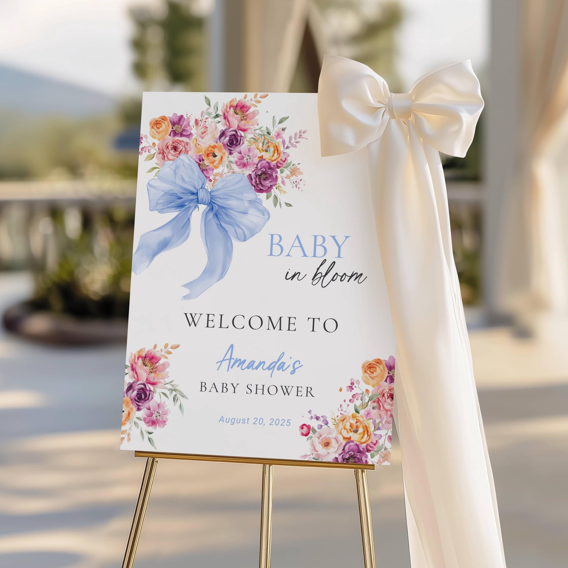 Blue Bow Baby in Bloom Welcome Sign Bow Blue Baby Bloom Sign Baby Boy in Bloom Baby Shower Decor Baby Boy Shower Canva Template DYI Sign - LAUMIANstudio