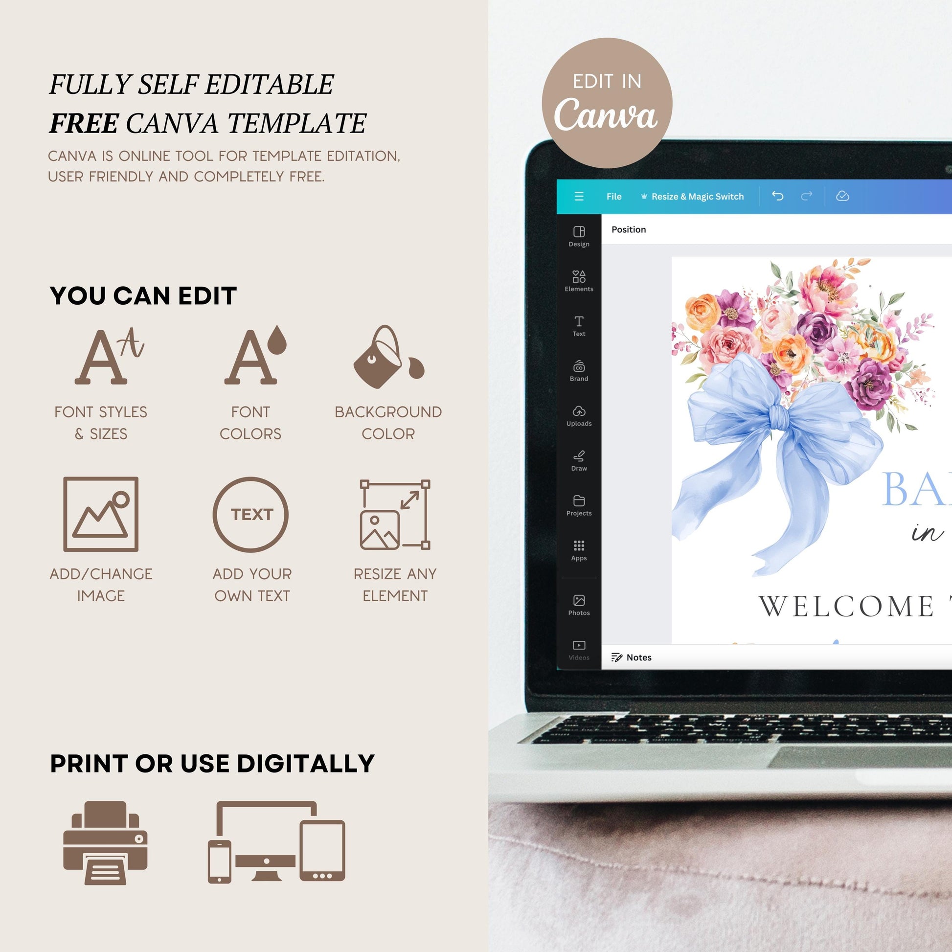 Blue Bow Baby in Bloom Welcome Sign Bow Blue Baby Bloom Sign Baby Boy in Bloom Baby Shower Decor Baby Boy Shower Canva Template DYI Sign - LAUMIANstudio