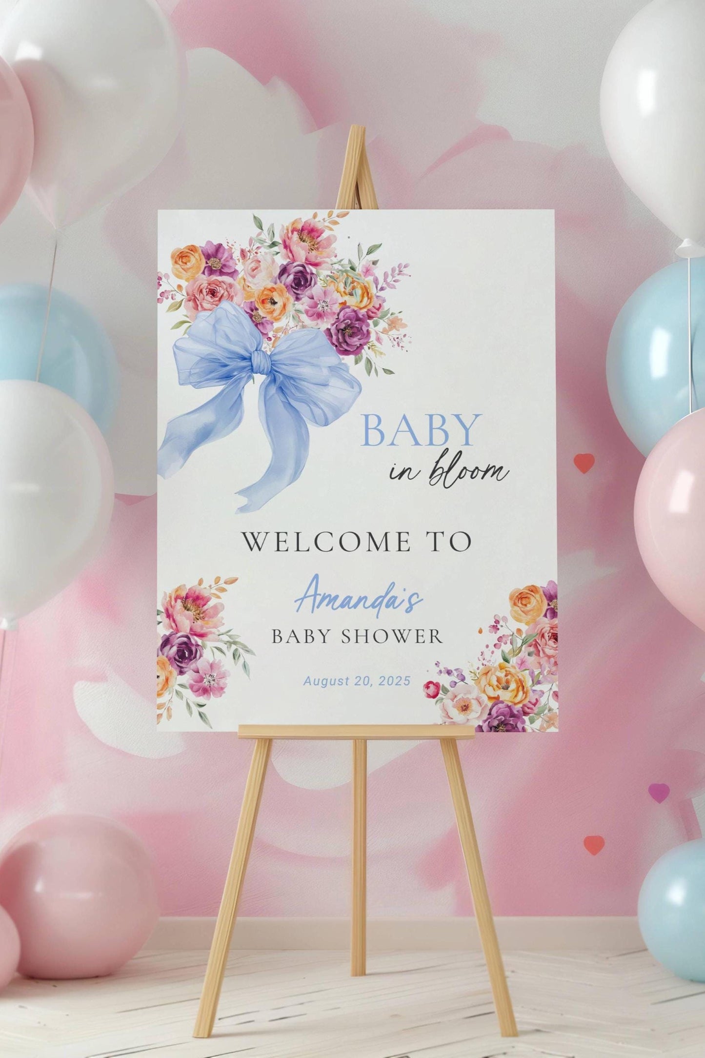 Blue Bow Baby in Bloom Welcome Sign Bow Blue Baby Bloom Sign Baby Boy in Bloom Baby Shower Decor Baby Boy Shower Canva Template DYI Sign - LAUMIANstudio