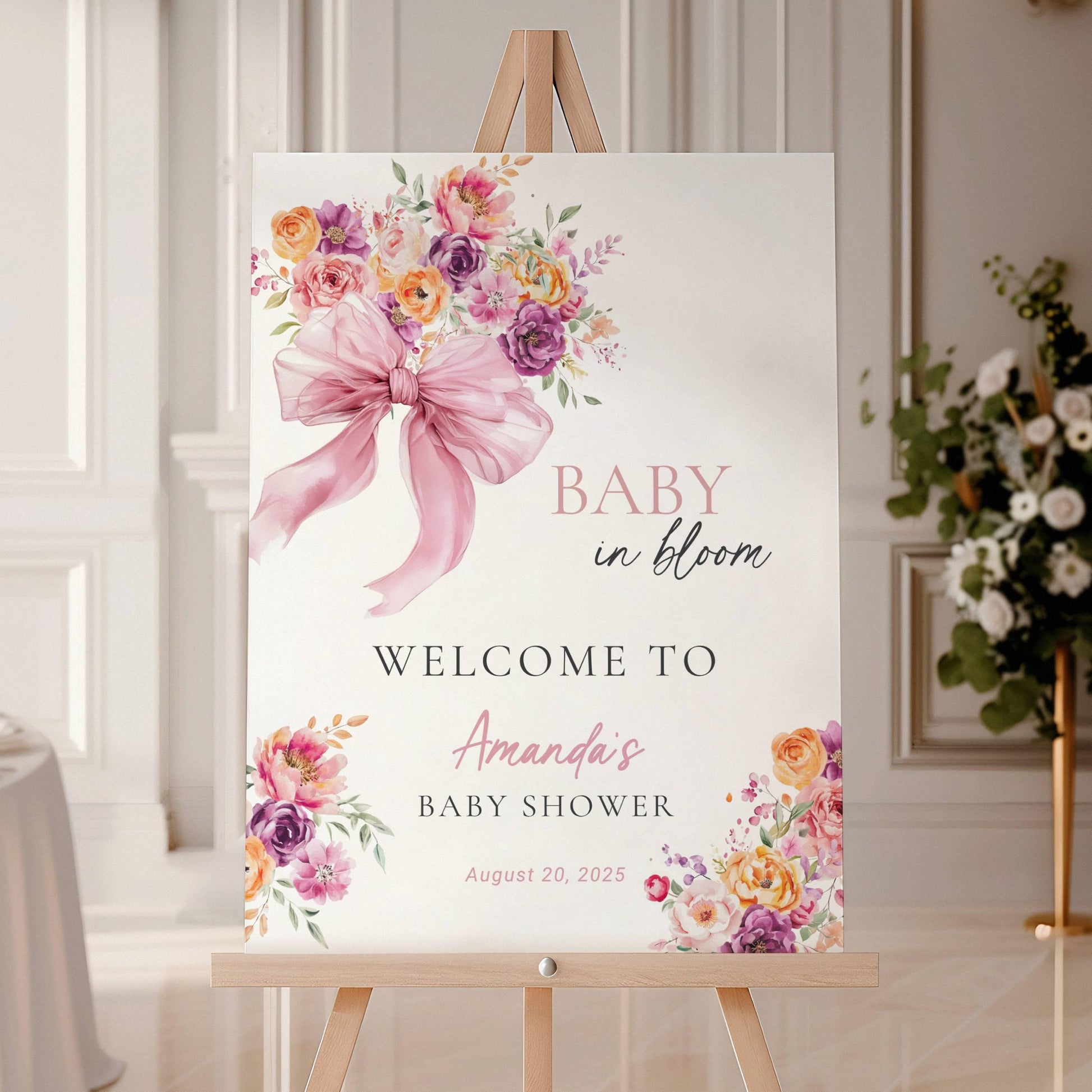Baby in Bloom Baby Shower Decor Pink Baby Girl in Bloom Sign Pink Bow Welcome Sign Garden Shower Sign Floral Shower Sign Editable Template - LAUMIANstudio