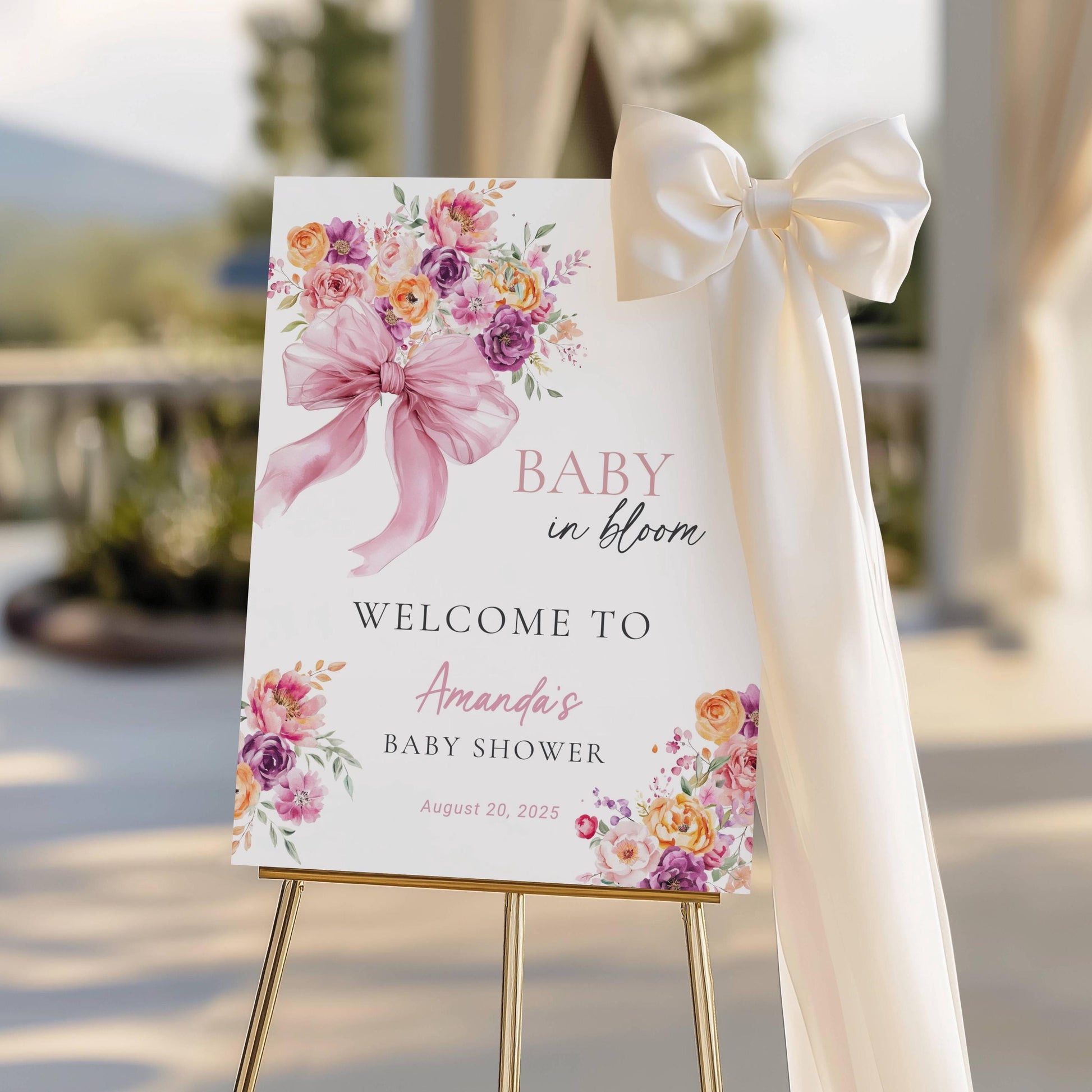 Baby in Bloom Baby Shower Decor Pink Baby Girl in Bloom Sign Pink Bow Welcome Sign Garden Shower Sign Floral Shower Sign Editable Template - LAUMIANstudio