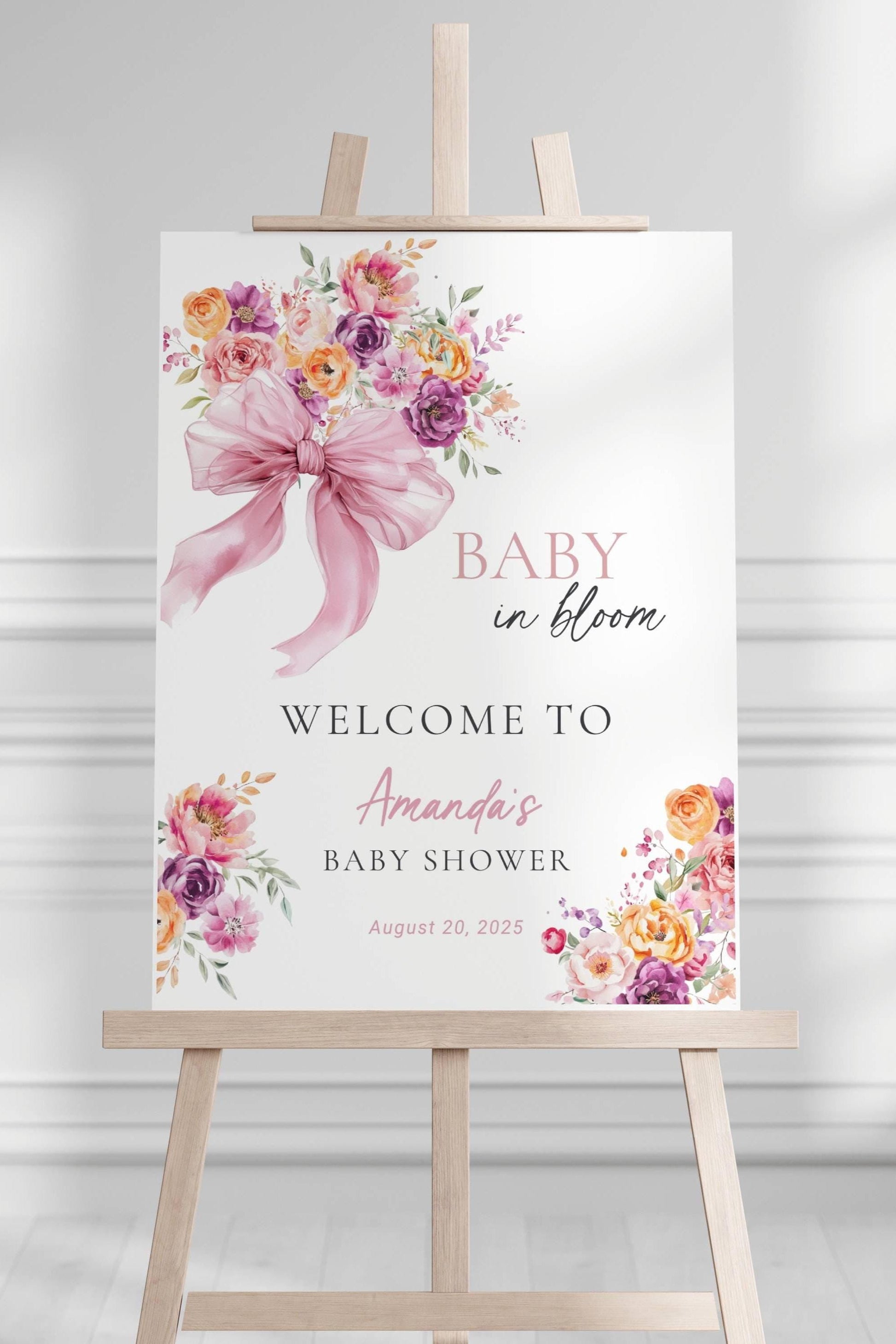 Baby in Bloom Baby Shower Decor Pink Baby Girl in Bloom Sign Pink Bow Welcome Sign Garden Shower Sign Floral Shower Sign Editable Template - LAUMIANstudio