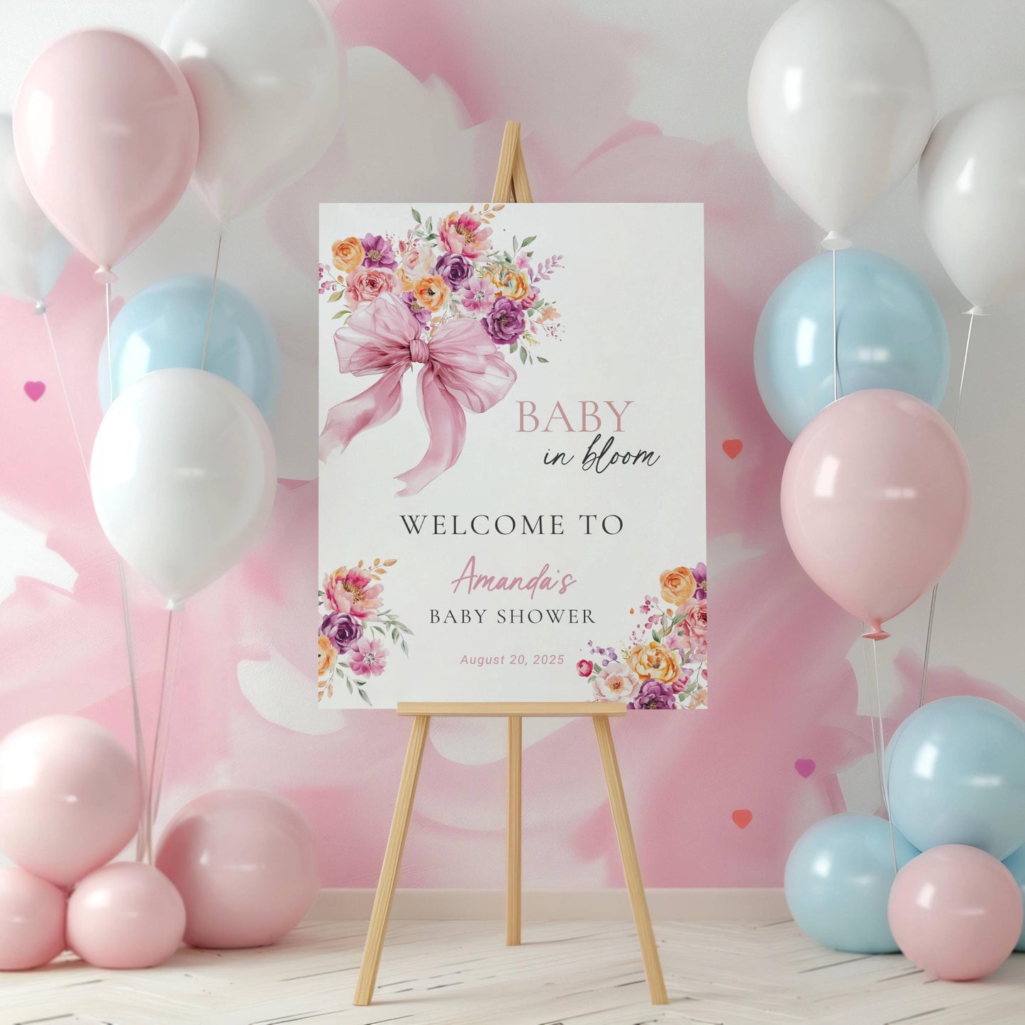 Baby in Bloom Baby Shower Decor Pink Baby Girl in Bloom Sign Pink Bow Welcome Sign Garden Shower Sign Floral Shower Sign Editable Template - LAUMIANstudio