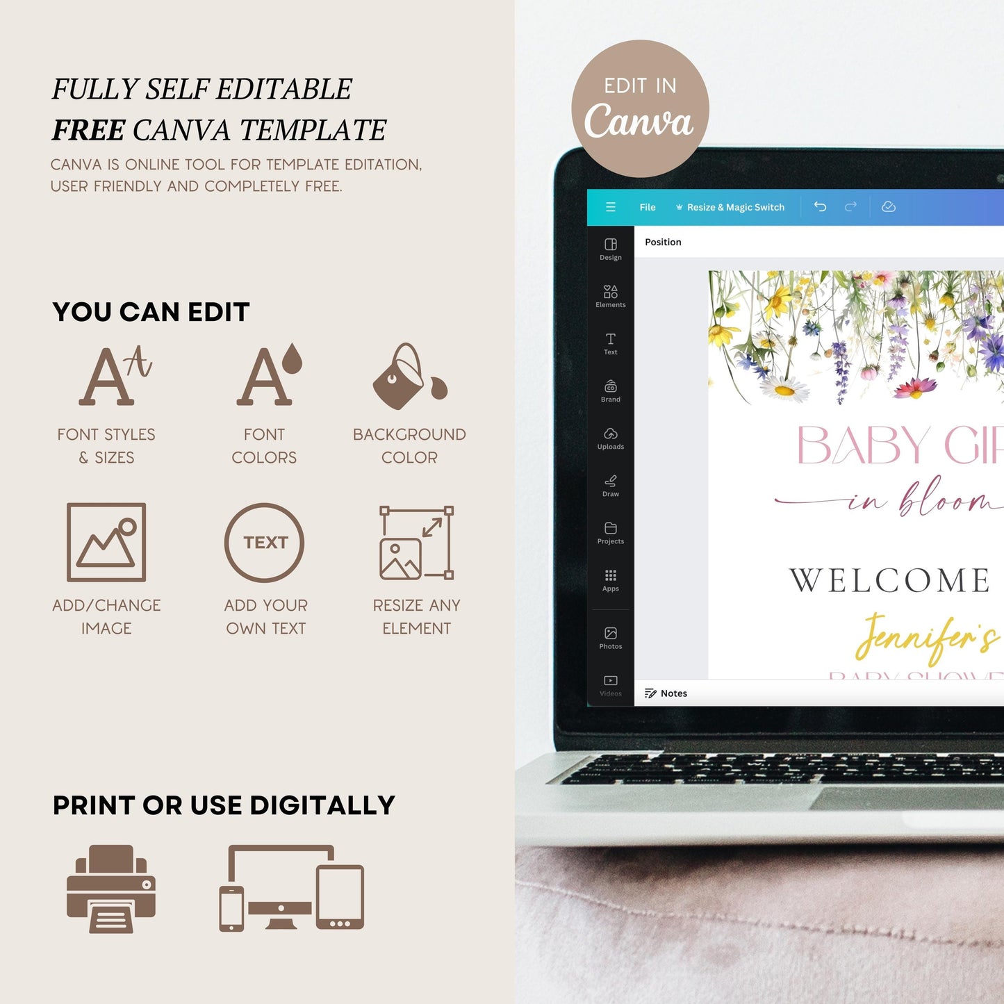 Wildflower Welcome Sign Baby Shower Template Baby in Bloom Sign DIY Watercolor Floral Welcome Sign Garden Baby Shower Decor Meadow Shower - LAUMIANstudio