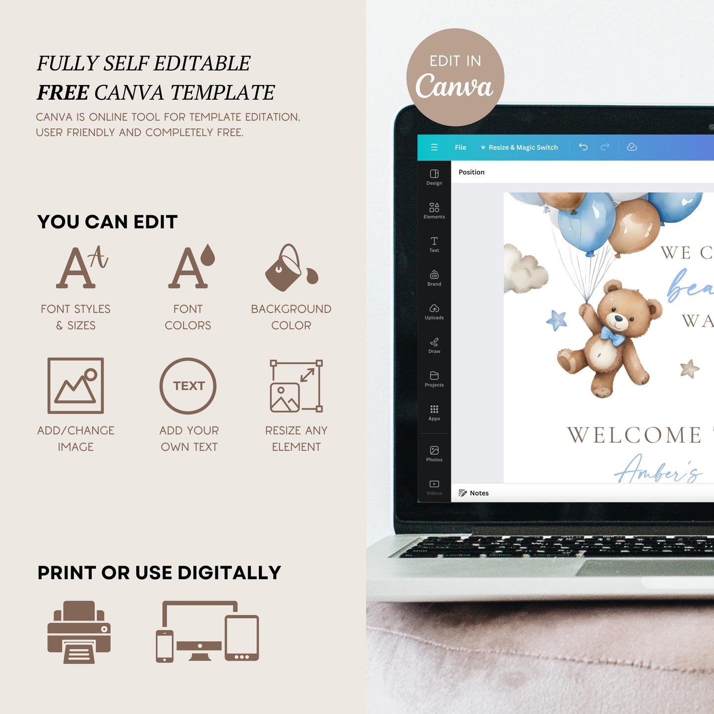 Teddy Bear Welcome Sign We Can Bearly Wait Baby Shower Sign Bear Ballon Baby Boy Shower Decor Blue We Can Bearly Wait Board Canva Template - LAUMIANstudio