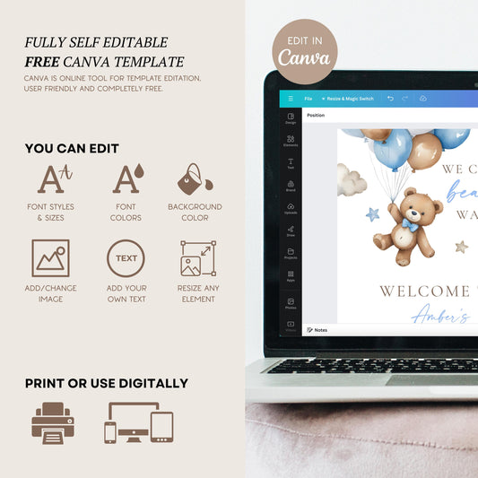 Teddy Bear Welcome Sign We Can Bearly Wait Baby Shower Sign Bear Ballon Baby Boy Shower Decor Blue We Can Bearly Wait Board Canva Template - LAUMIANstudio