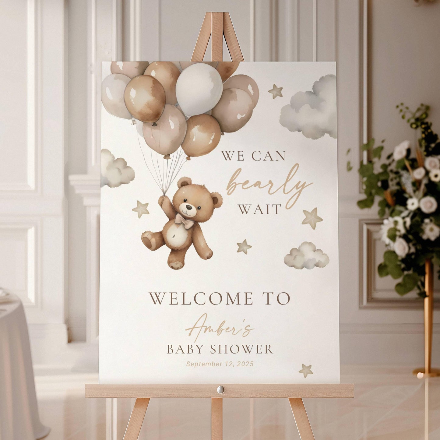Balloon Neutral Baby Shower Welcome Sign We Can Bearly Wait Brown Teddy Bear Sign Neutral Brown Bear Welcome Sign Gender Neutral Teddy Beige - LAUMIANstudio